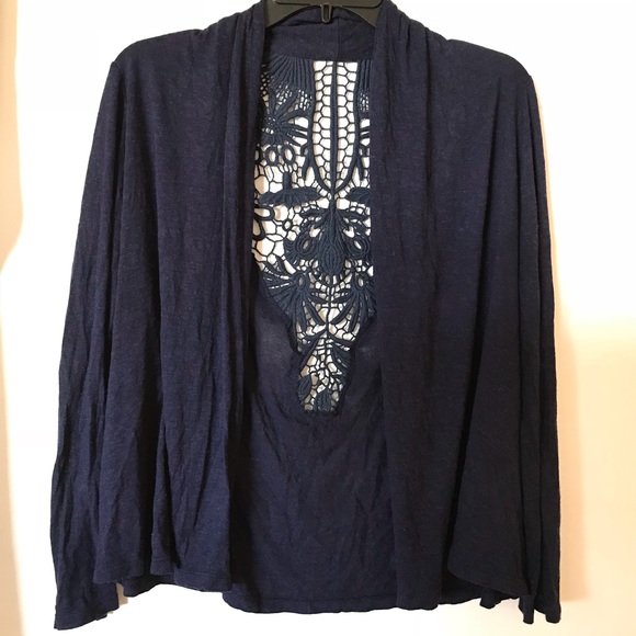 Lace back detail blue sweater cardigan. - Picture 2 of 6